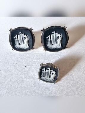 Vintage Blue & White Cameo Ship Cufflinks + Lapel Pin Set